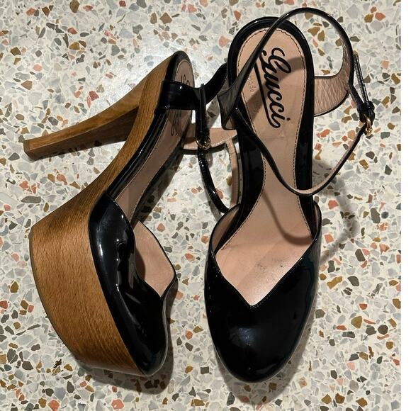 Gucci patent leather Mary Jane 2009 slingback wooden platform stiletto size 38.5 - Picture 9 of 14